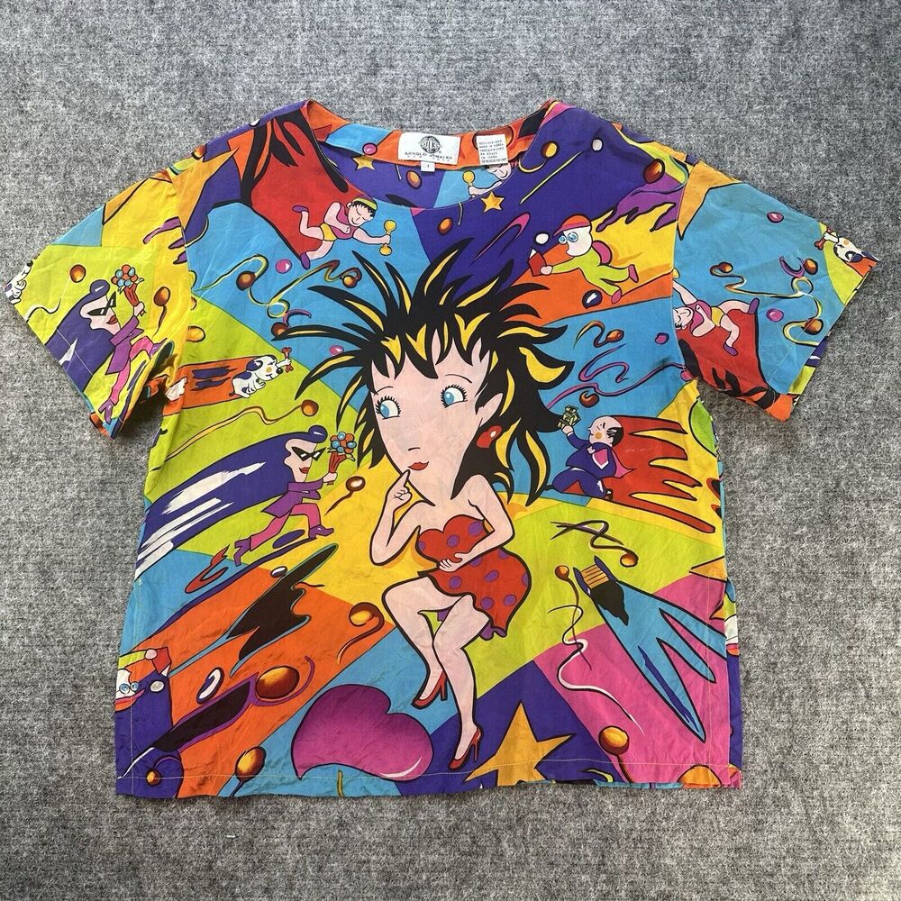 Vintage 80s Pop Art Shirt Women Small Silk Arnold Zimberg Shirt Rare Blouse